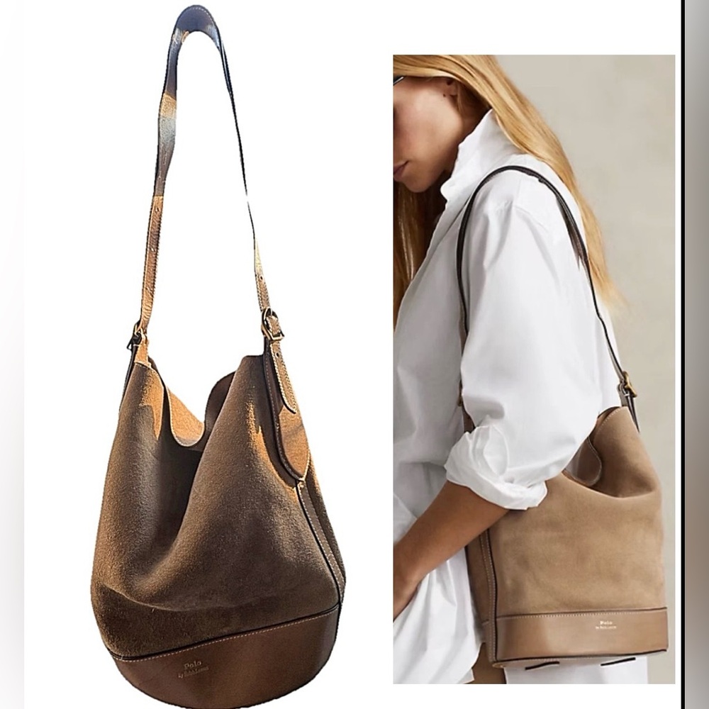 Polo by Ralph Lauren beige bellport Suede bucket Shoulder Bag